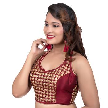 Maroon Banglori Silk Halter Neck Embroidery Sleeveless Backless Readymade Saree Bikini Blouse 2