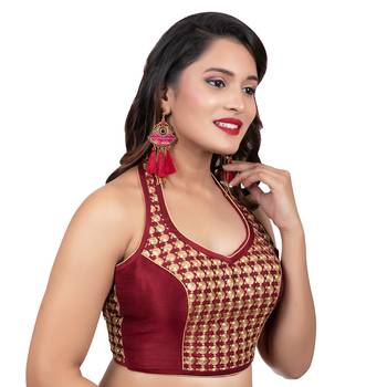 Maroon Banglori Silk Halter Neck Embroidery Sleeveless Backless Readymade Saree Bikini Blouse 3
