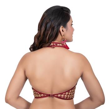 Maroon Banglori Silk Halter Neck Embroidery Sleeveless Backless Readymade Saree Bikini Blouse 4