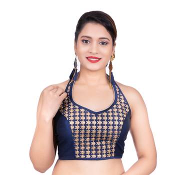 Navy Blue Banglori Silk Halter Neck Embroidery Sleeveless Backless Readymade Saree Bikini Blouse 1