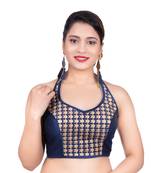 Navy Blue Banglori Silk Halter Neck Embroidery Sleeveless Backless Readymade Saree Bikini Blouse