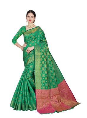 Green Woven Faux Kanjivaram Silk Saree With Blouse 1
