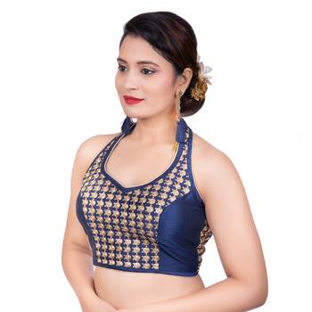 Navy Blue Banglori Silk Halter Neck Embroidery Sleeveless Backless Readymade Saree Bikini Blouse 2