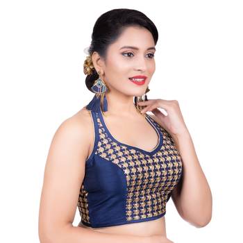 Navy Blue Banglori Silk Halter Neck Embroidery Sleeveless Backless Readymade Saree Bikini Blouse 3