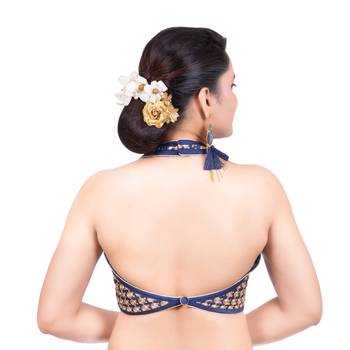 Navy Blue Banglori Silk Halter Neck Embroidery Sleeveless Backless Readymade Saree Bikini Blouse 4