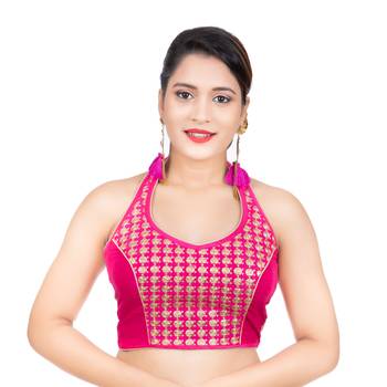 Banglori Silk Halter Neck Embroidery Pink Sleeveless Backless Readymade Saree Bikini Blouse 1
