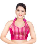 Banglori Silk Halter Neck Embroidery Pink Sleeveless Backless Readymade Saree Bikini Blouse
