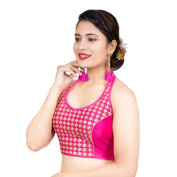 Banglori Silk Halter Neck Embroidery Pink Sleeveless Backless Readymade Saree Bikini Blouse 2