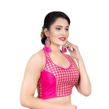 Banglori Silk Halter Neck Embroidery Pink Sleeveless Backless Readymade Saree Bikini Blouse 3