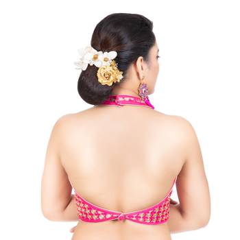 Banglori Silk Halter Neck Embroidery Pink Sleeveless Backless Readymade Saree Bikini Blouse 4