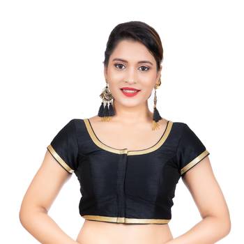 Dupion Silk Black Short Sleeves Golden Lace Border Readymade blouse 1