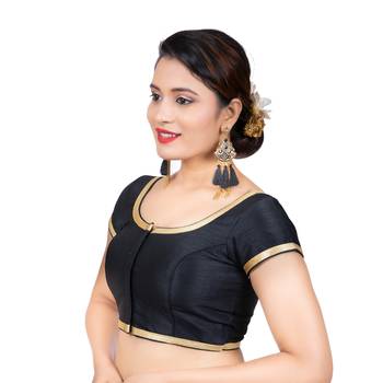 Dupion Silk Black Short Sleeves Golden Lace Border Readymade blouse 2