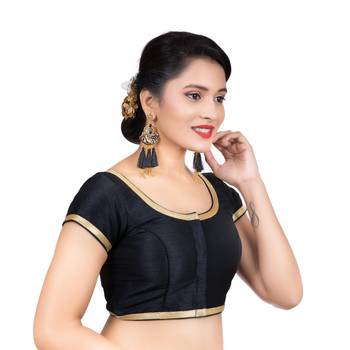 Dupion Silk Black Short Sleeves Golden Lace Border Readymade blouse 3