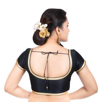 Dupion Silk Black Short Sleeves Golden Lace Border Readymade blouse 4