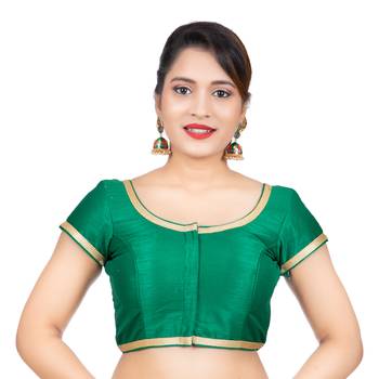 Dupion Silk Green Short Sleeves Golden Lace Border Readymade blouse 1