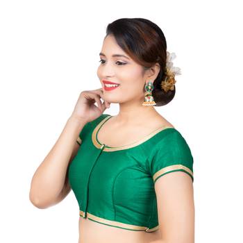 Dupion Silk Green Short Sleeves Golden Lace Border Readymade blouse 2