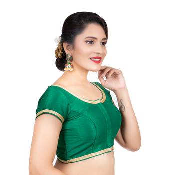 Dupion Silk Green Short Sleeves Golden Lace Border Readymade blouse 3