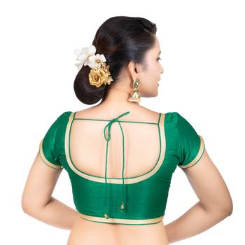 Dupion Silk Green Short Sleeves Golden Lace Border Readymade blouse 4