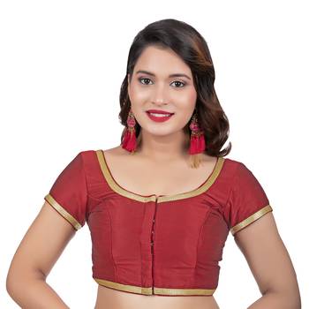 Dupion Silk Maroon Short Sleeves Golden Lace Border Readymade blouse 1