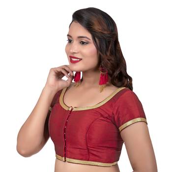 Dupion Silk Maroon Short Sleeves Golden Lace Border Readymade blouse 2