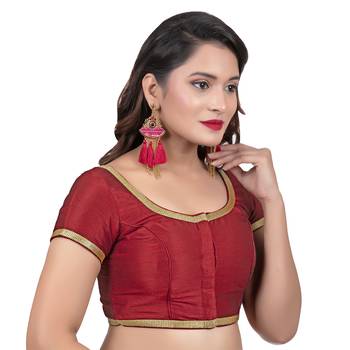 Dupion Silk Maroon Short Sleeves Golden Lace Border Readymade blouse 3