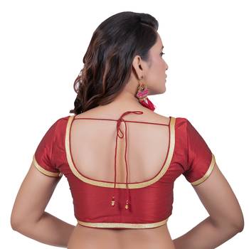 Dupion Silk Maroon Short Sleeves Golden Lace Border Readymade blouse 4