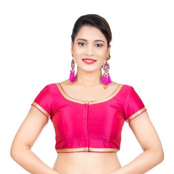 Dupion Silk Pink Short Sleeves Golden Lace Border Readymade blouse 1