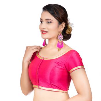 Dupion Silk Pink Short Sleeves Golden Lace Border Readymade blouse 2