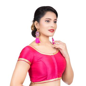 Dupion Silk Pink Short Sleeves Golden Lace Border Readymade blouse 3