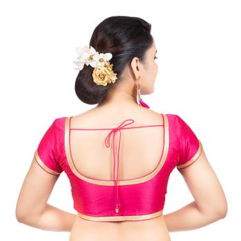 Dupion Silk Pink Short Sleeves Golden Lace Border Readymade blouse 4