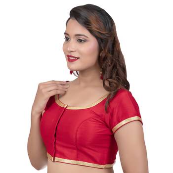 Dupion Silk Red Short Sleeves Golden Lace Border Readymade blouse 2