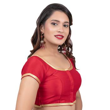 Dupion Silk Red Short Sleeves Golden Lace Border Readymade blouse 3