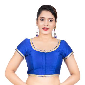 Dupion Silk Royal Blue Short Sleeves Golden Lace Border Readymade blouse 1