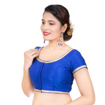 Dupion Silk Royal Blue Short Sleeves Golden Lace Border Readymade blouse 2