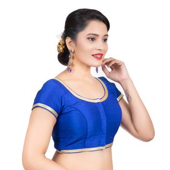Dupion Silk Royal Blue Short Sleeves Golden Lace Border Readymade blouse 3