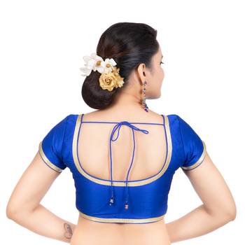 Dupion Silk Royal Blue Short Sleeves Golden Lace Border Readymade blouse 4