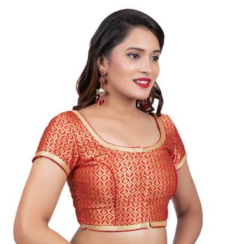 Red Brocade Short Sleeves Readymade blouse 3