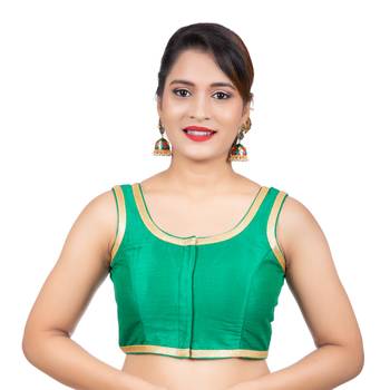 Green Plain Dupion Silk  Lace Sleeveless Readymade blouse 1