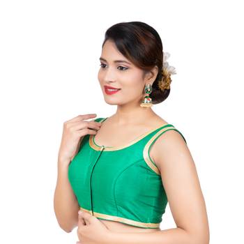 Green Plain Dupion Silk  Lace Sleeveless Readymade blouse 2