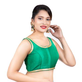 Green Plain Dupion Silk  Lace Sleeveless Readymade blouse 3