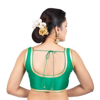 Green Plain Dupion Silk  Lace Sleeveless Readymade blouse 4
