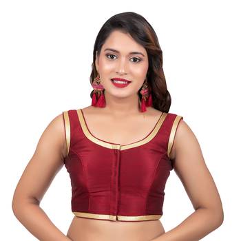 Maroon Plain Dupion Silk Golden Lace Sleeveless Readymade blouse 1