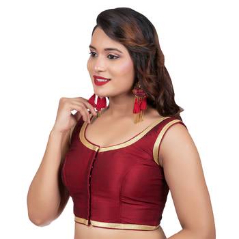 Maroon Plain Dupion Silk Golden Lace Sleeveless Readymade blouse 2