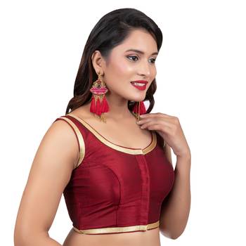 Maroon Plain Dupion Silk Golden Lace Sleeveless Readymade blouse 3