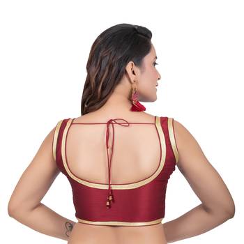 Maroon Plain Dupion Silk Golden Lace Sleeveless Readymade blouse 4