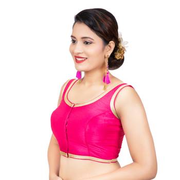 Pink Plain Dupion Silk Golden Lace Sleeveless Readymade blouse 2