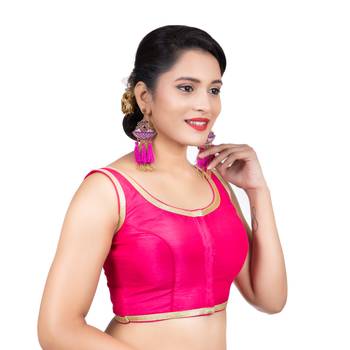 Pink Plain Dupion Silk Golden Lace Sleeveless Readymade blouse 3