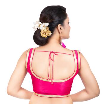 Pink Plain Dupion Silk Golden Lace Sleeveless Readymade blouse 4