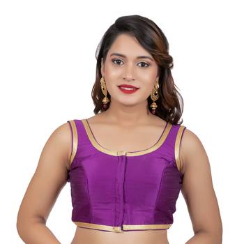 Purple Plain Dupion Silk Golden Lace Sleeveless Readymade blouse 1