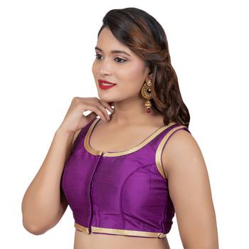 Purple Plain Dupion Silk Golden Lace Sleeveless Readymade blouse 2